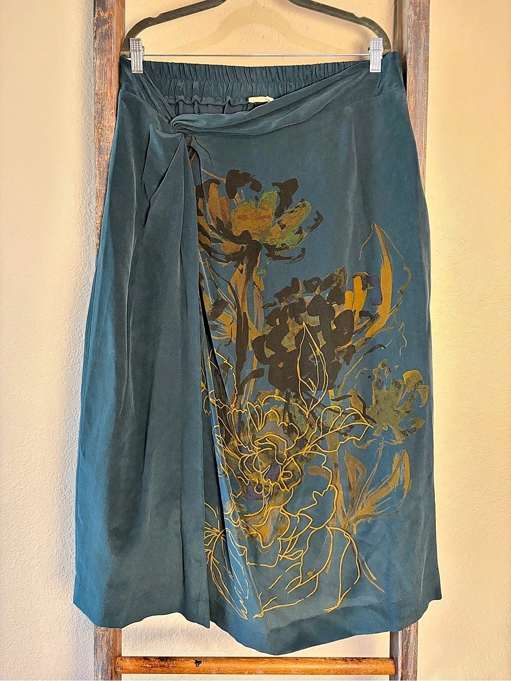 Poetry Silk Skirt with Knotted Waist Floral Maxi Blue & Brown XL